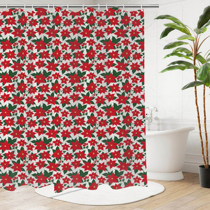 Poinsettia Floral Bathroom Four-Piece Set(Shower Curtain + Toilet Cover Mat + Toilet Foot Mat + Floor Mat)| Polyester - DeRose Seasonal