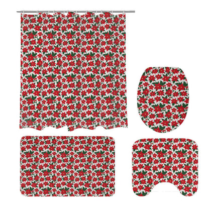Poinsettia Floral Bathroom Four-Piece Set(Shower Curtain + Toilet Cover Mat + Toilet Foot Mat + Floor Mat)| Polyester - DeRose Seasonal