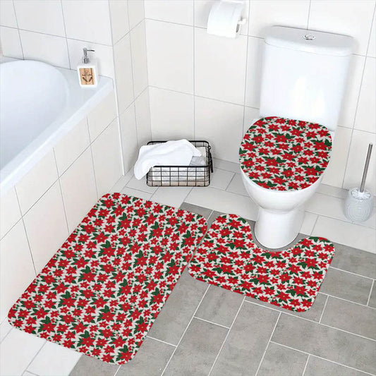 Poinsettia Floral Bathroom Four-Piece Set(Shower Curtain + Toilet Cover Mat + Toilet Foot Mat + Floor Mat)| Polyester - DeRose Seasonal