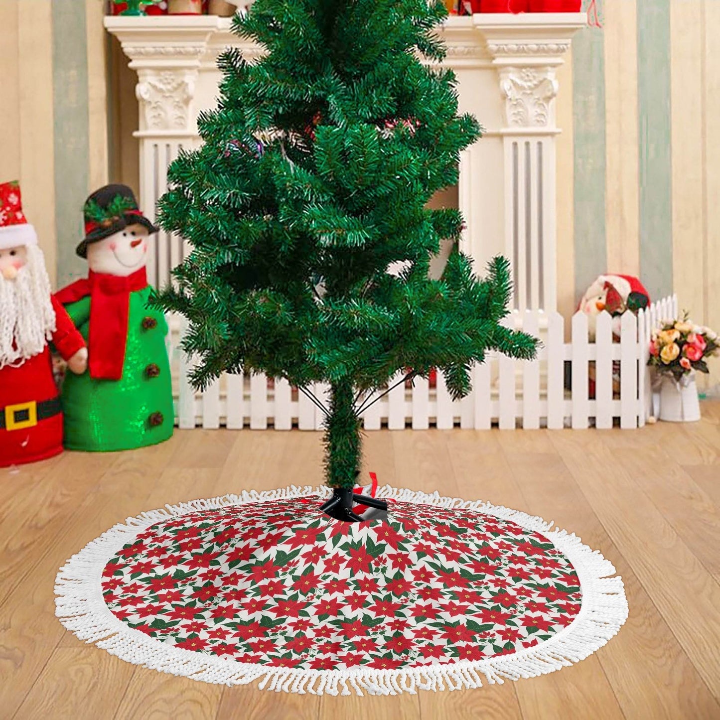 Poinsettia Floral Fringed Christmas Tree Skirts - DeRose Seasonal
