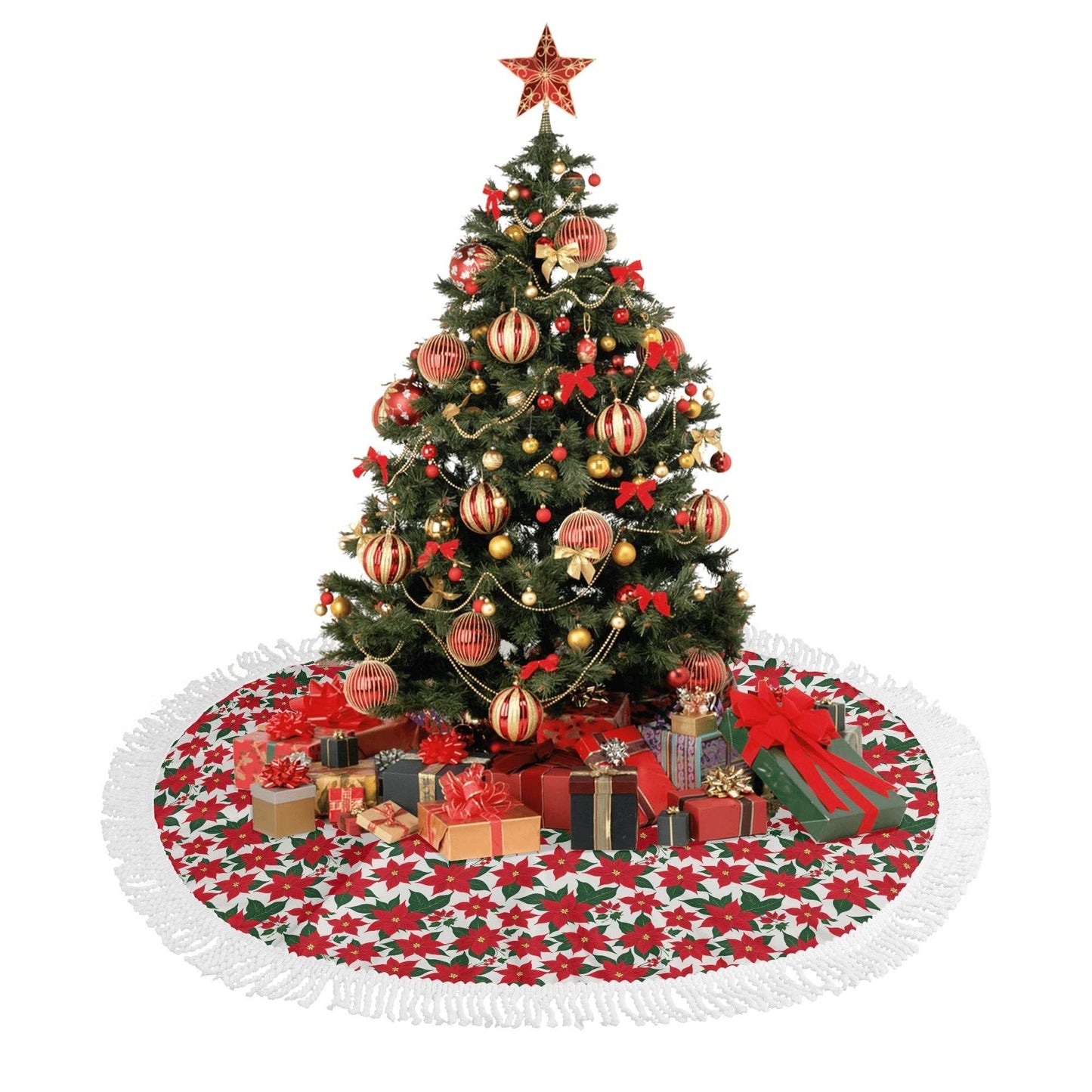 Poinsettia Floral Fringed Christmas Tree Skirts - DeRose Seasonal