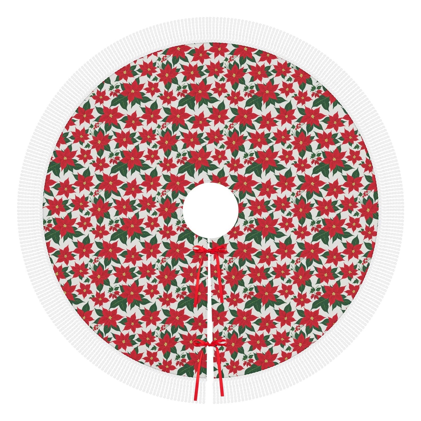 Poinsettia Floral Fringed Christmas Tree Skirts - DeRose Seasonal