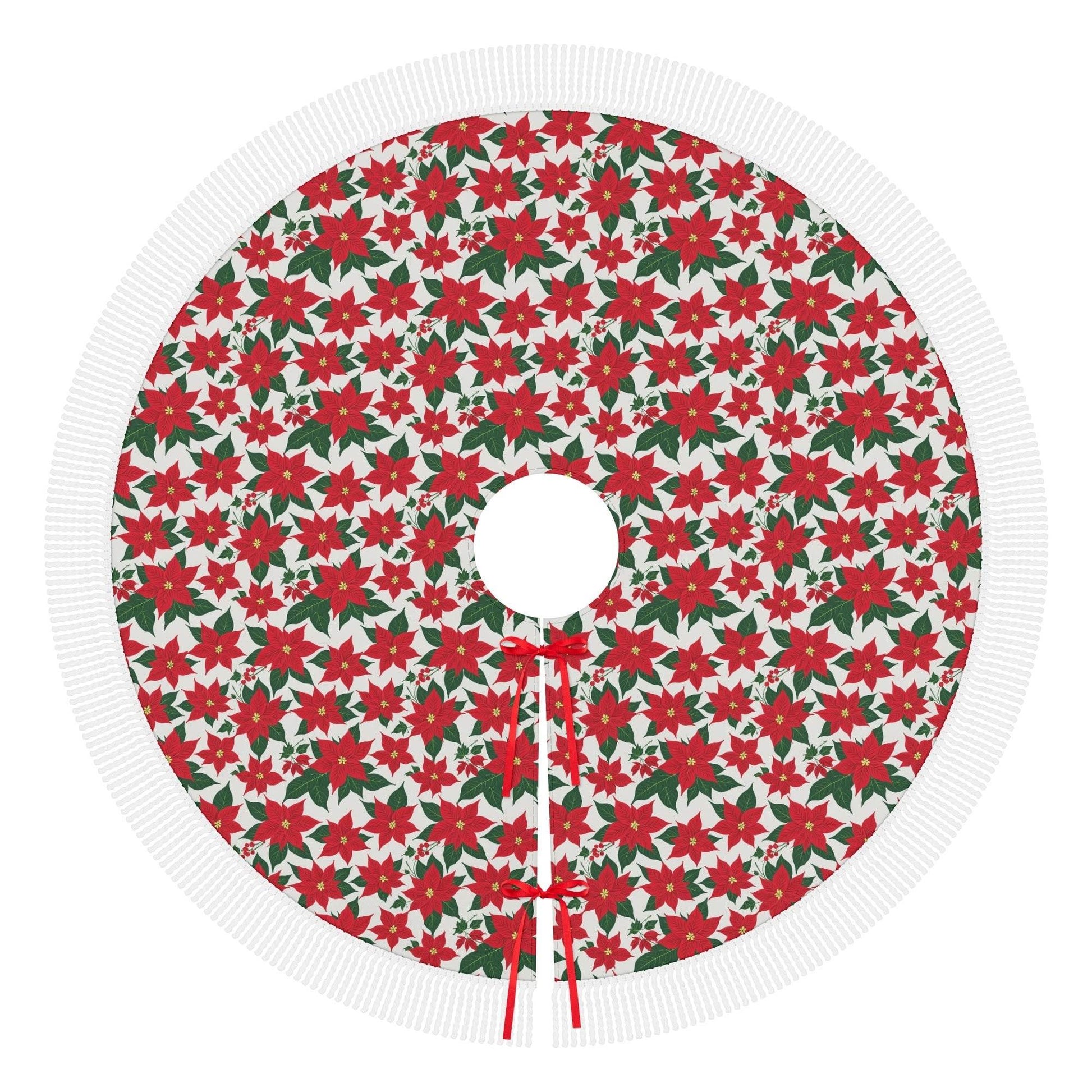 Poinsettia Floral Fringed Christmas Tree Skirts - DeRose Seasonal