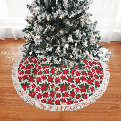 Poinsettia Floral Fringed Christmas Tree Skirts - DeRose Seasonal