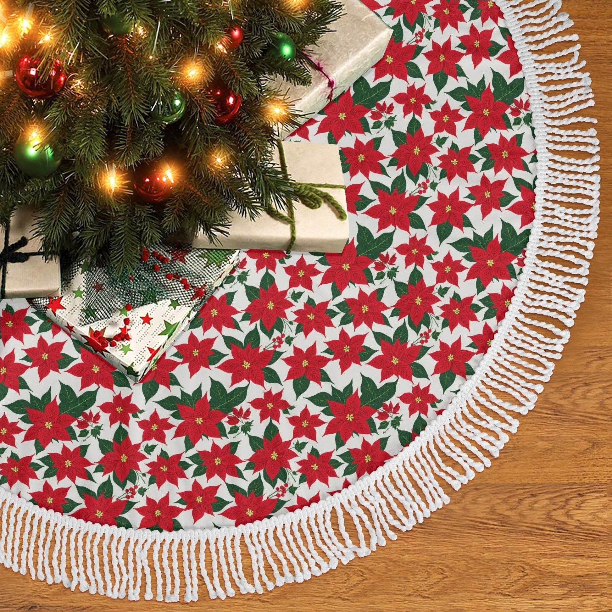 Poinsettia Floral Fringed Christmas Tree Skirts - DeRose Seasonal