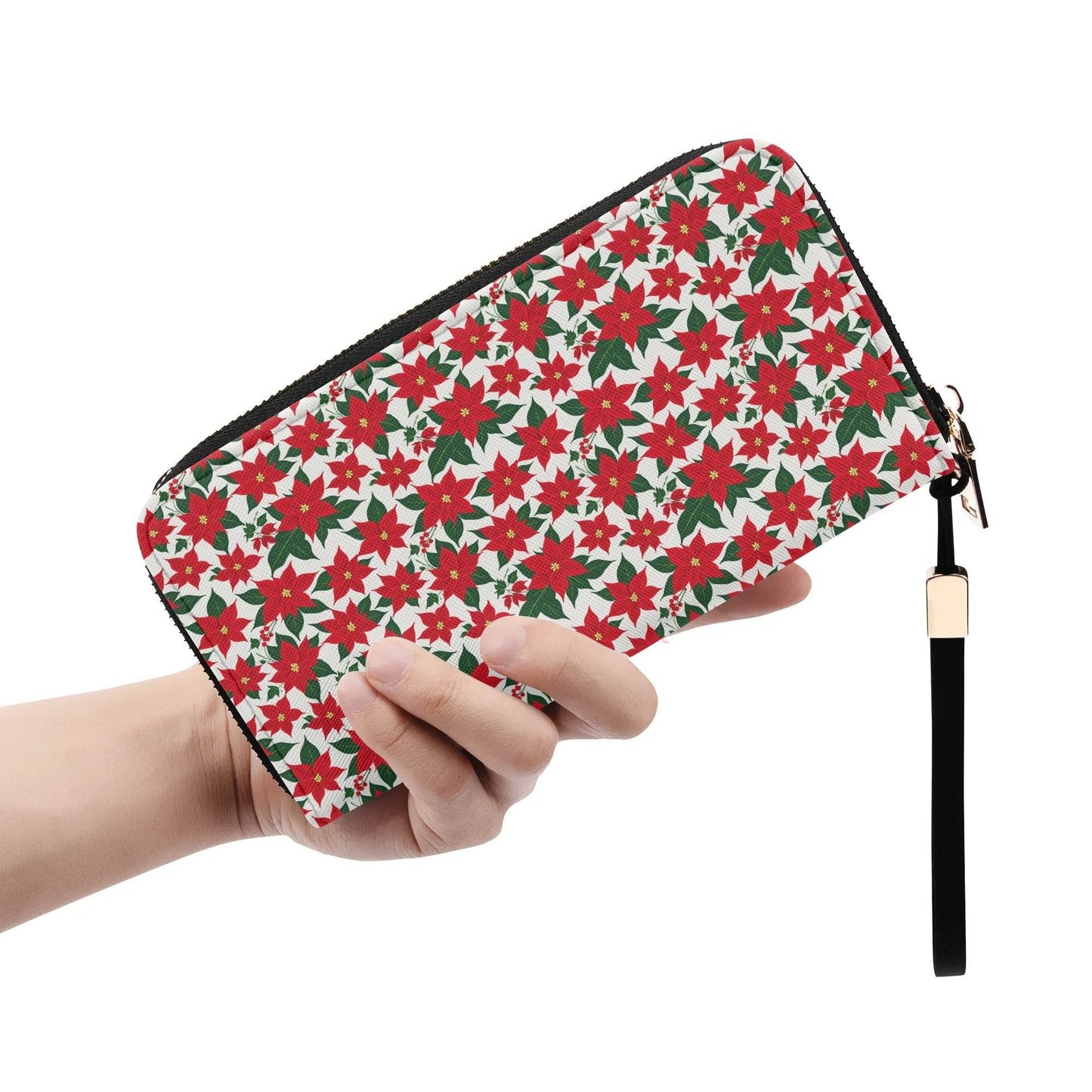 Poinsettia Floral Leather Women's Zipper Wristlet Wallet - DeRose Seasonal
