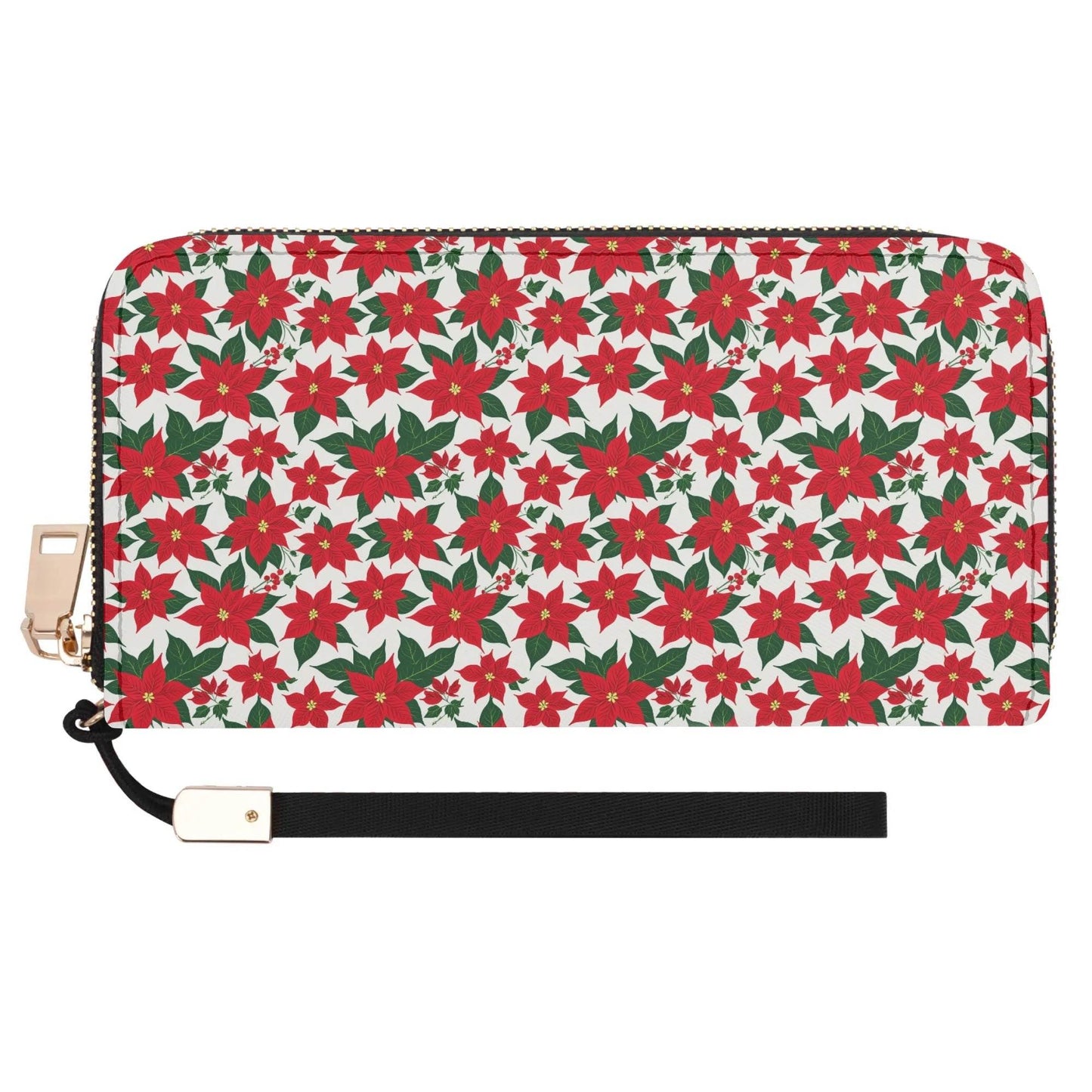 Poinsettia Floral Leather Women's Zipper Wristlet Wallet - DeRose Seasonal