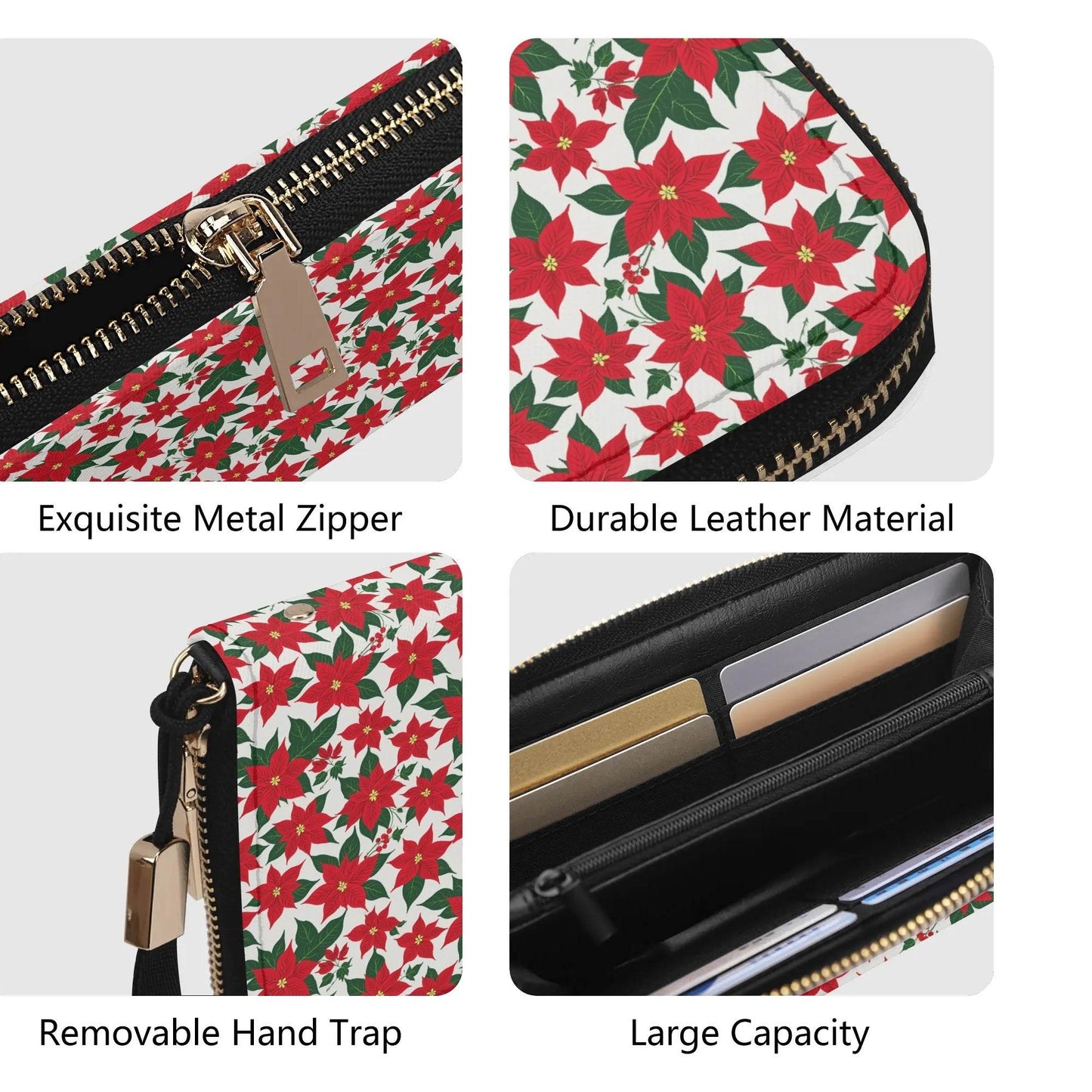 Poinsettia Floral Leather Women's Zipper Wristlet Wallet - DeRose Seasonal