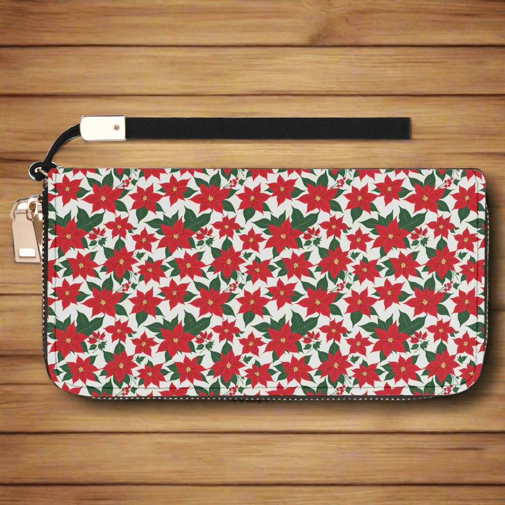 Poinsettia Floral Leather Women's Zipper Wristlet Wallet - DeRose Seasonal