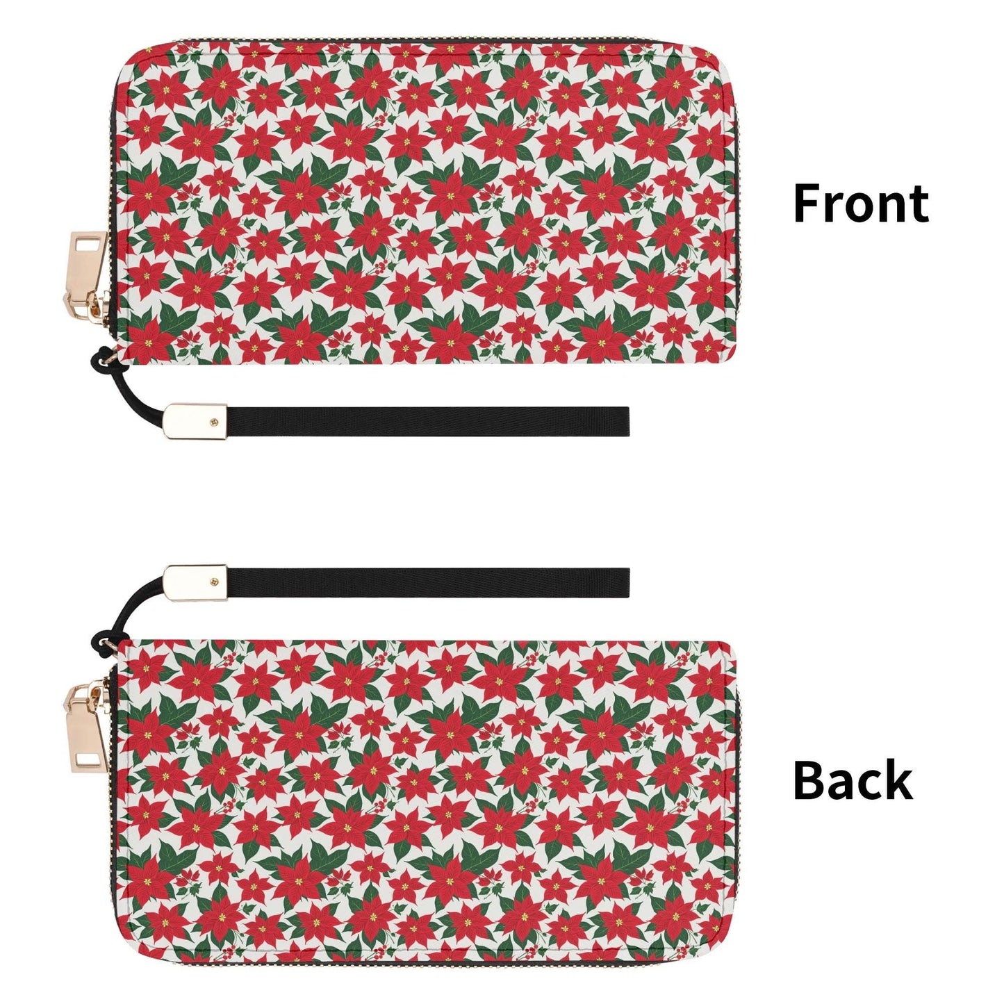 Poinsettia Floral Leather Women's Zipper Wristlet Wallet - DeRose Seasonal