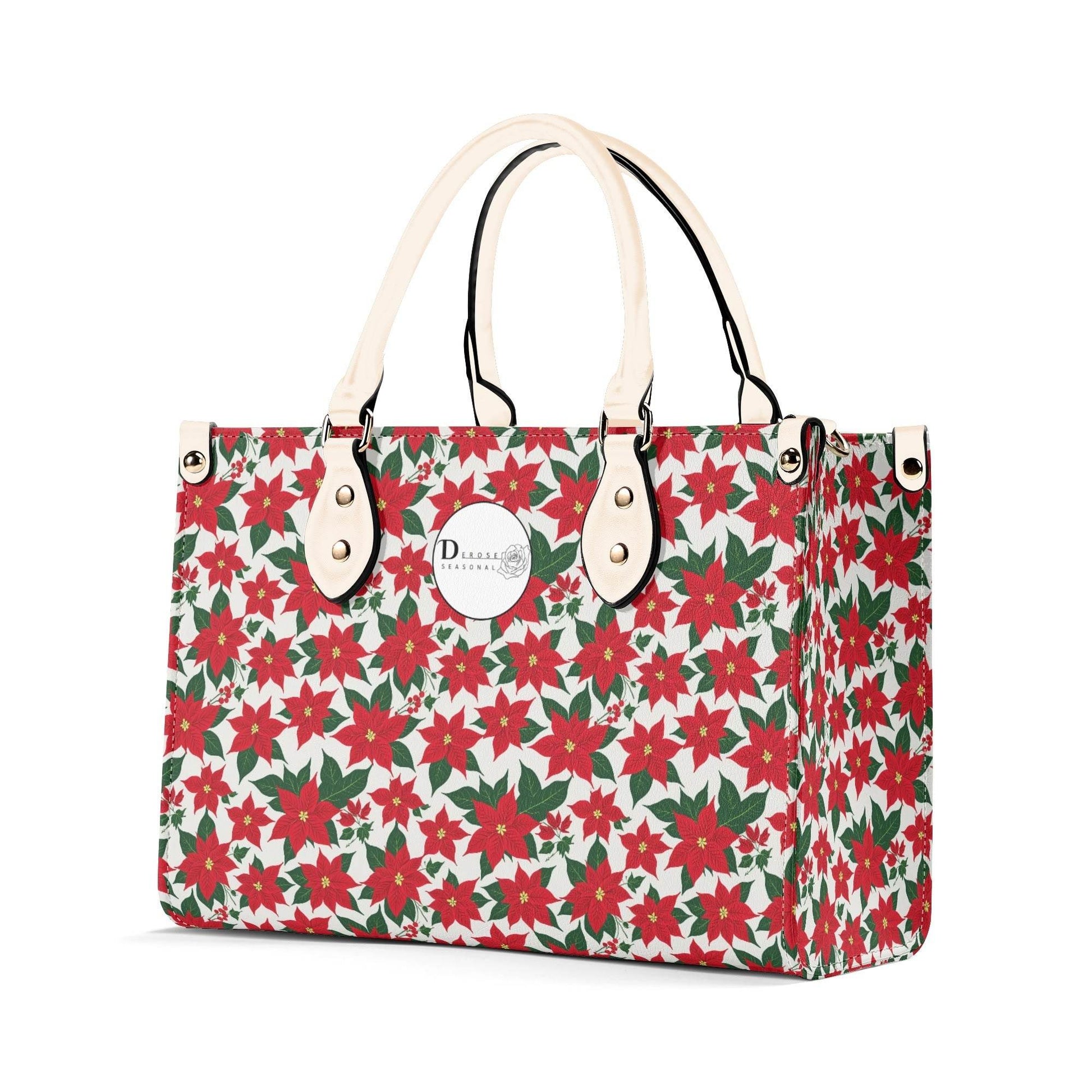 Poinsettia Floral Luxury Women Leather Handbag (3 sizes) - DeRose Seasonal