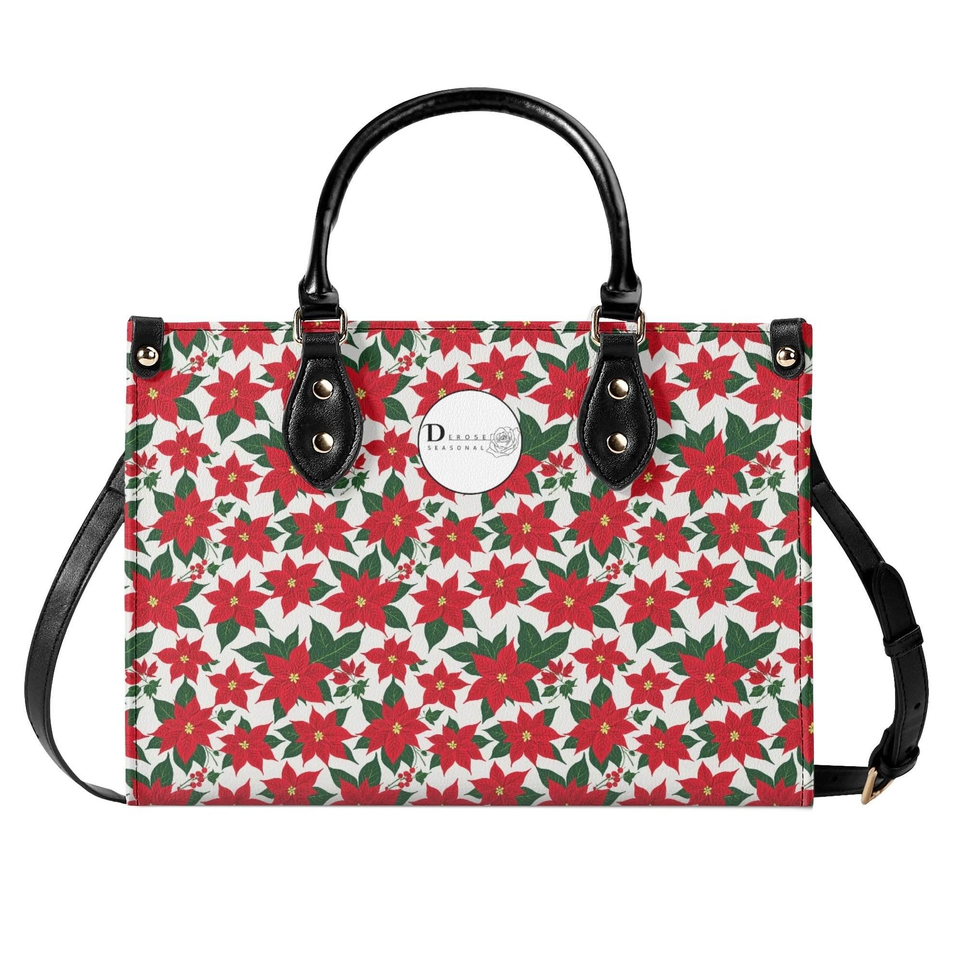 Poinsettia Floral Luxury Women Leather Handbag (3 sizes) - DeRose Seasonal