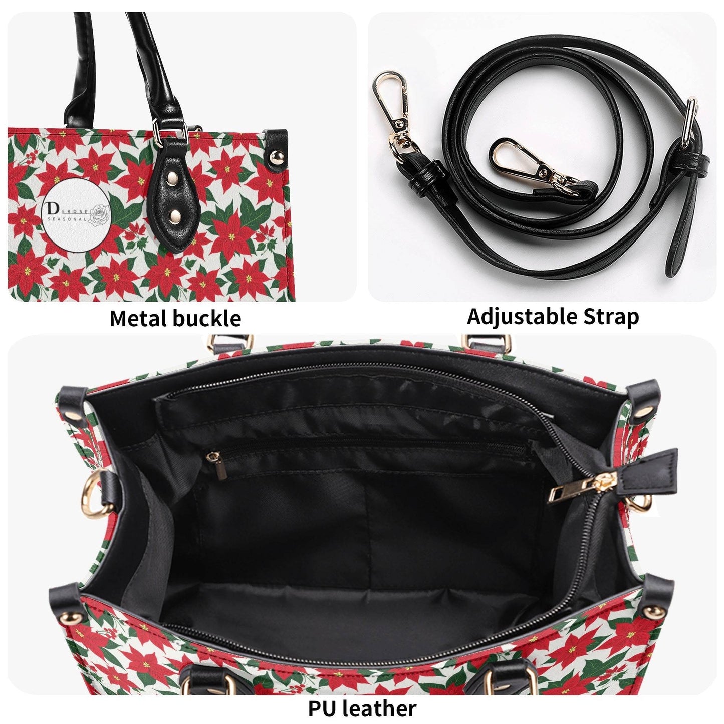 Poinsettia Floral Luxury Women Leather Handbag (3 sizes) - DeRose Seasonal