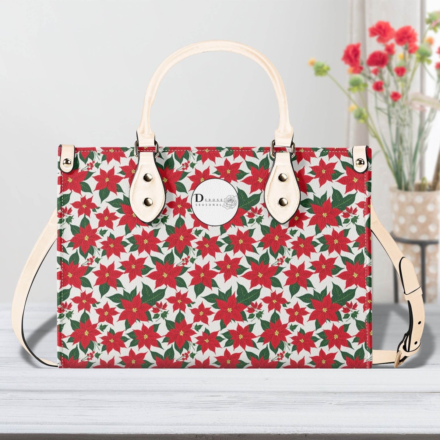 Poinsettia Floral Luxury Women Leather Handbag (3 sizes) - DeRose Seasonal