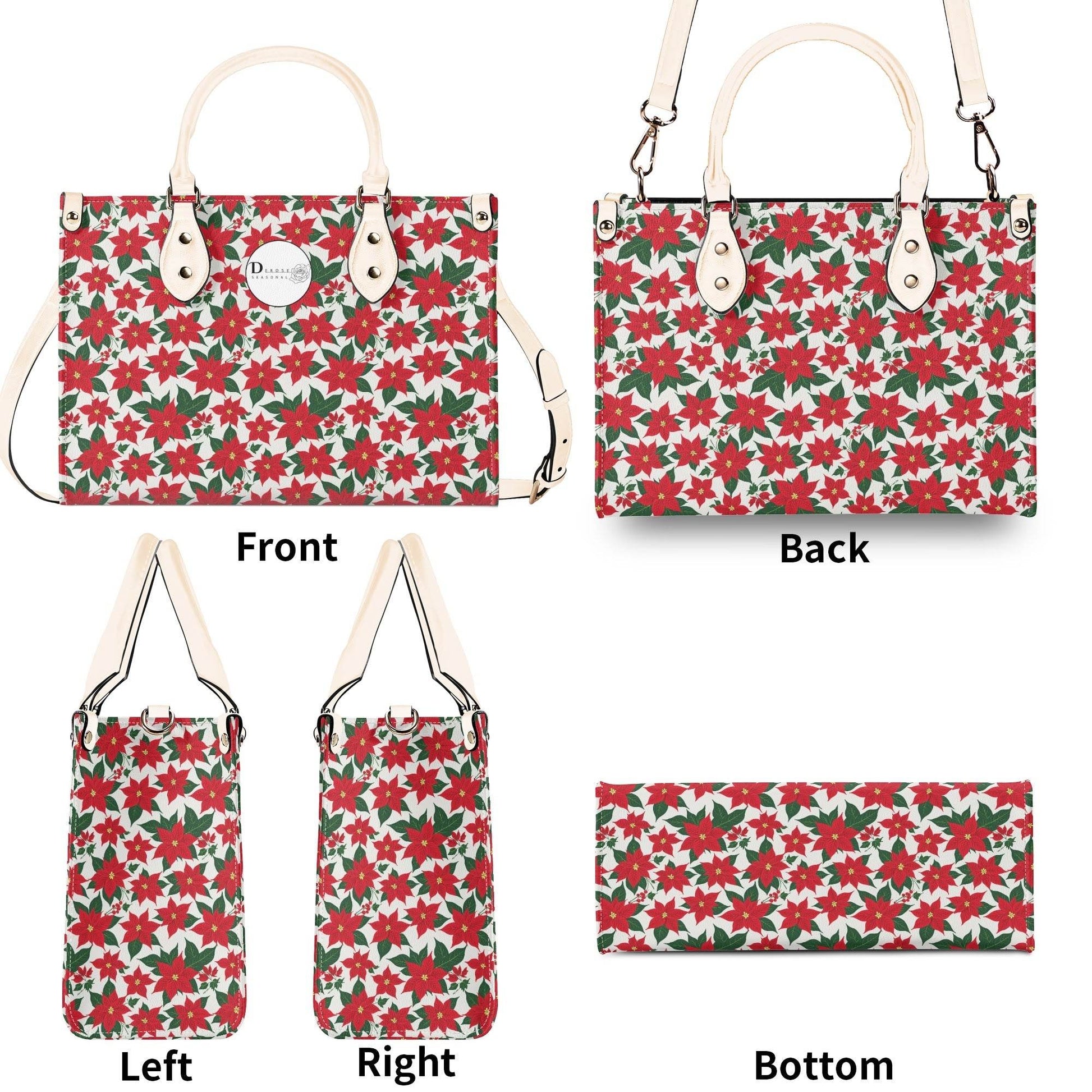 Poinsettia Floral Luxury Women Leather Handbag (3 sizes) - DeRose Seasonal