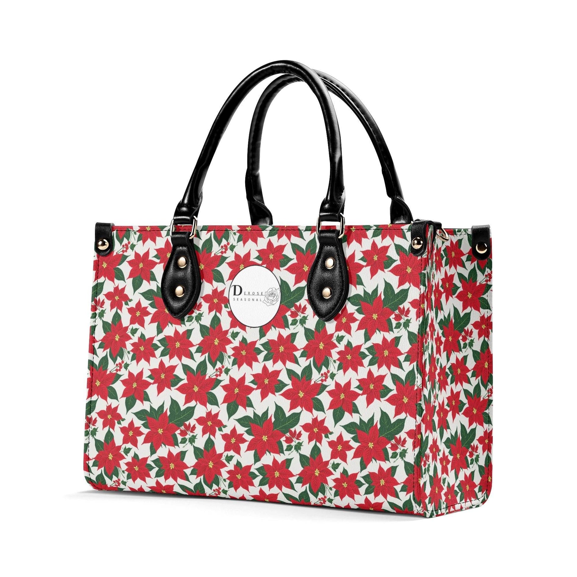 Poinsettia Floral Luxury Women Leather Handbag (3 sizes) - DeRose Seasonal