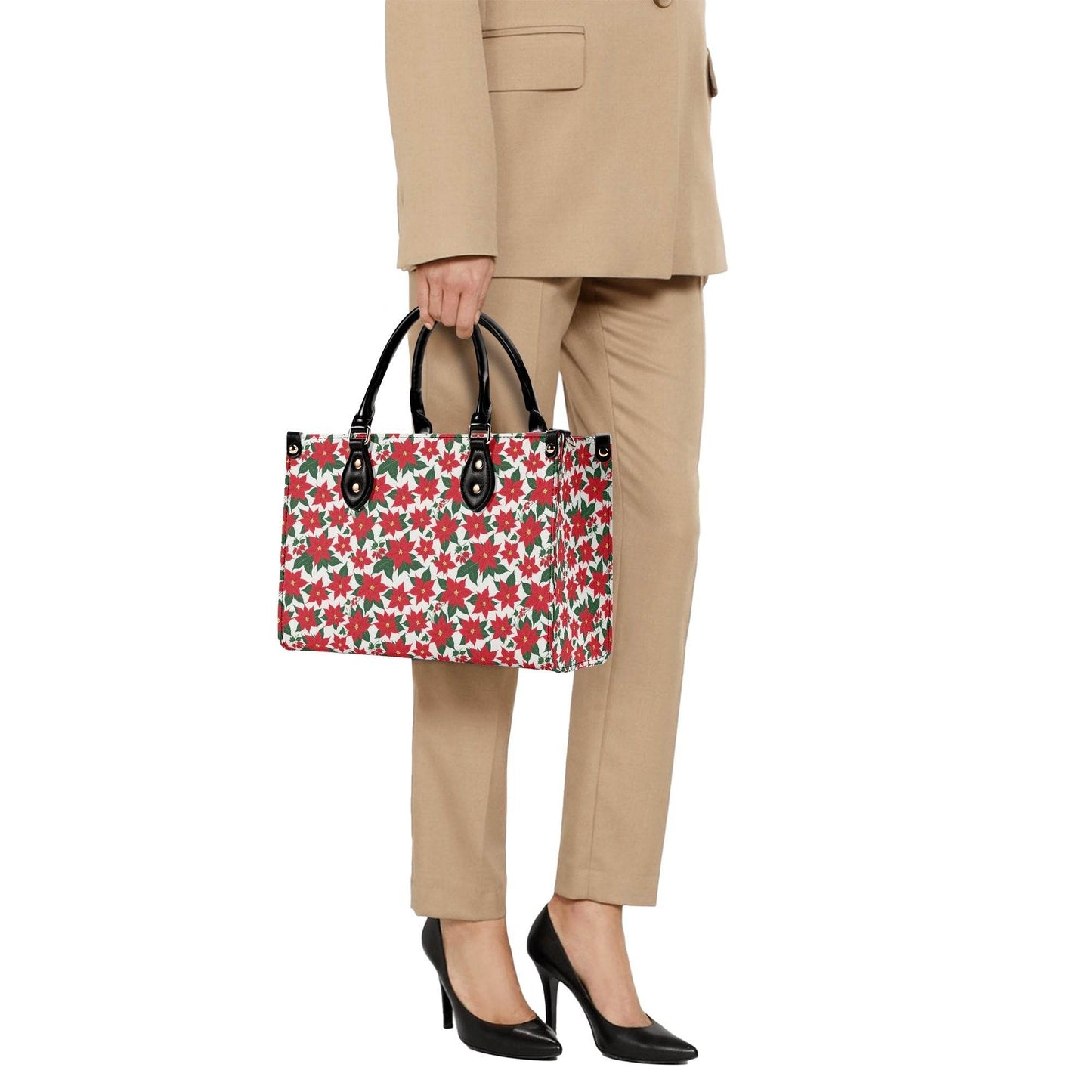 Poinsettia Floral Luxury Women Leather Handbag (3 sizes) - DeRose Seasonal