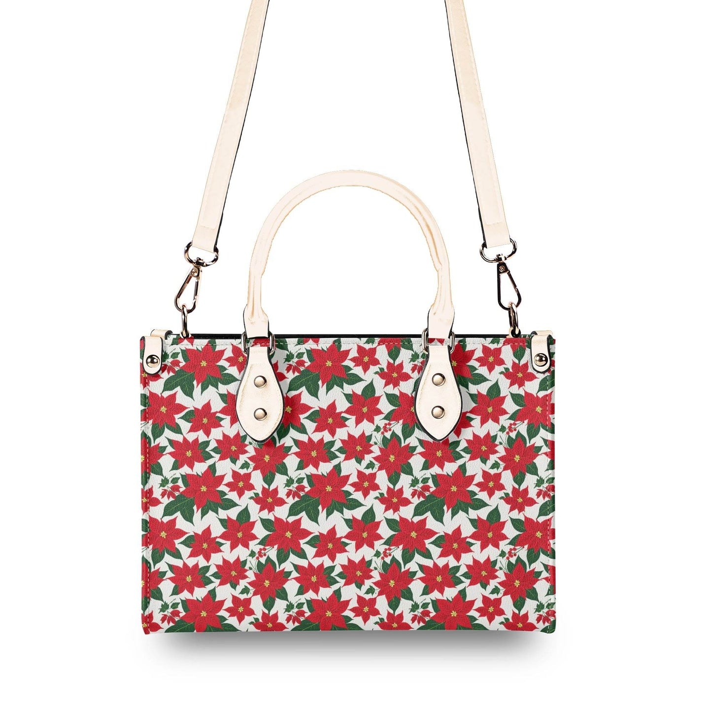 Poinsettia Floral Luxury Women Leather Handbag (3 sizes) - DeRose Seasonal