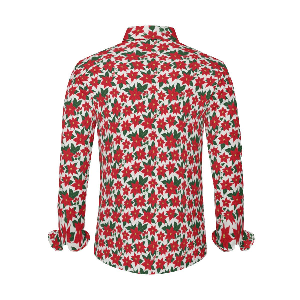 Poinsettia Floral Men's Classic Long-Sleeved Button up Polyester Dress Shirt - DeRose Seasonal