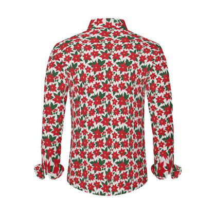 Poinsettia Floral Men's Classic Long-Sleeved Button up Polyester Dress Shirt - DeRose Seasonal