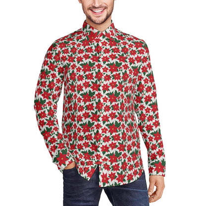 Poinsettia Floral Men's Classic Long-Sleeved Button up Polyester Dress Shirt - DeRose Seasonal