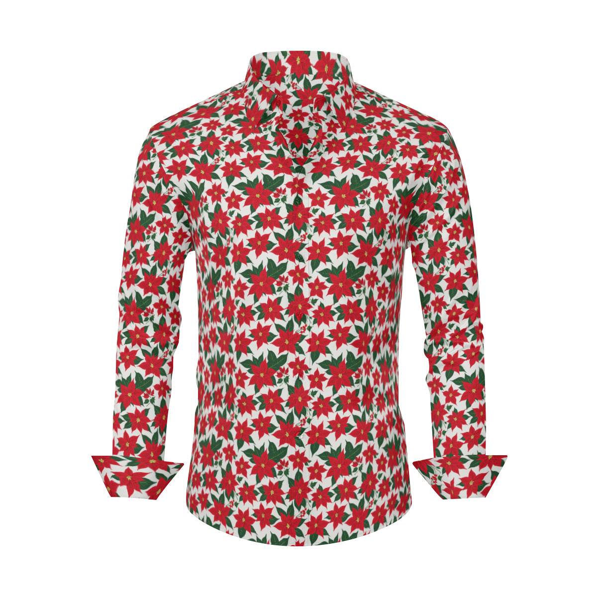 Poinsettia Floral Men's Classic Long-Sleeved Button up Polyester Dress Shirt - DeRose Seasonal