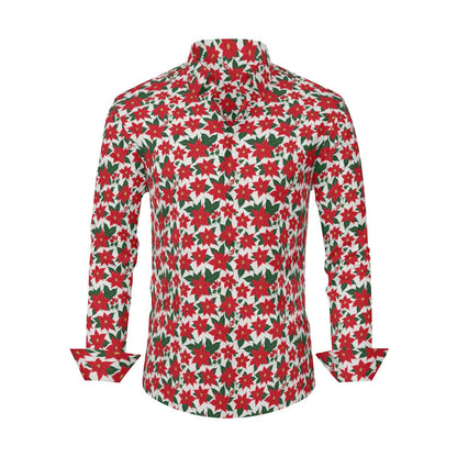 Poinsettia Floral Men's Classic Long-Sleeved Button up Polyester Dress Shirt - DeRose Seasonal