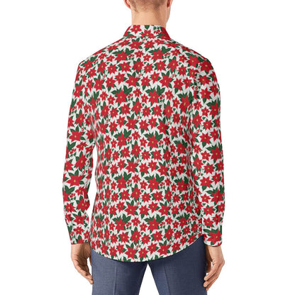 Poinsettia Floral Men's Classic Long-Sleeved Button up Polyester Dress Shirt - DeRose Seasonal
