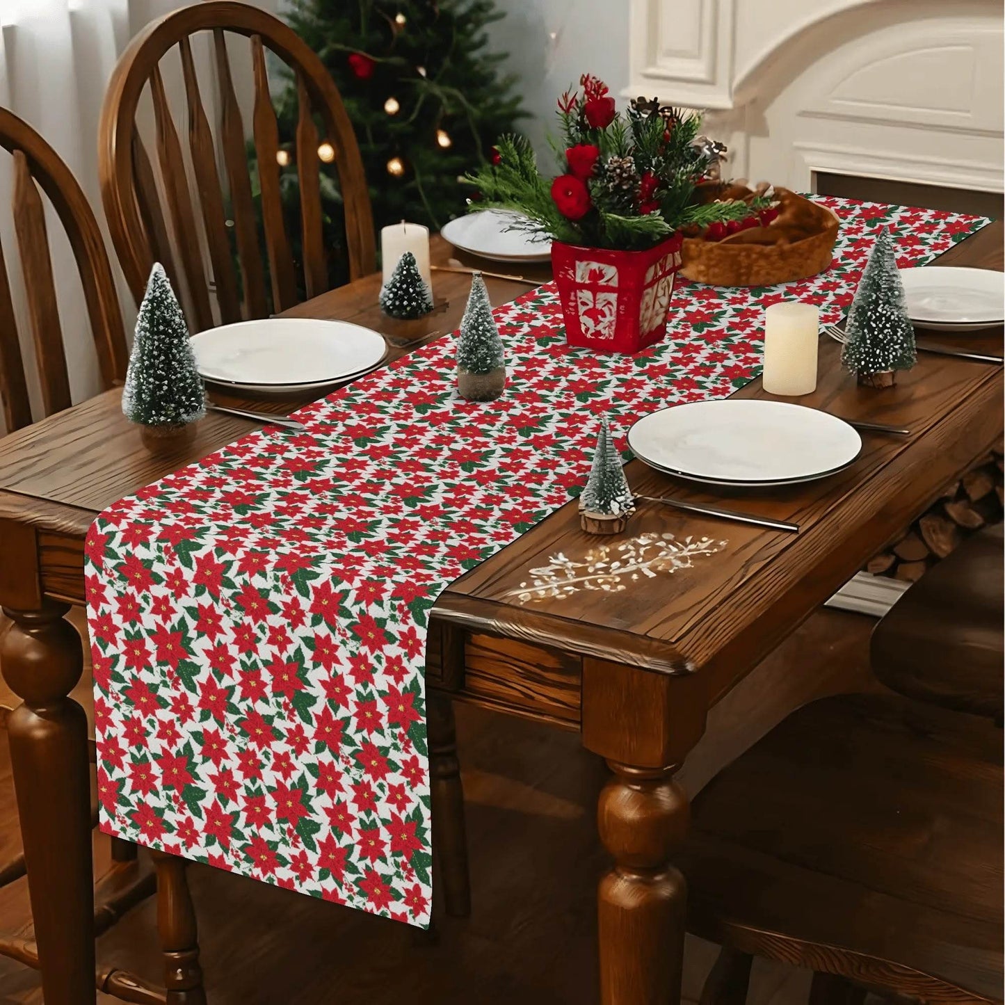 Poinsettia Floral Polyester Table Runner - DeRose Seasonal