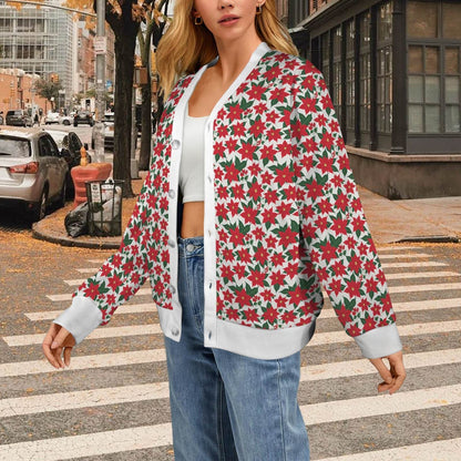 Poinsettia Floral Women's Cardigan Button Sweater Custom Women's Cardigan (Model H73) - DeRose Seasonal
