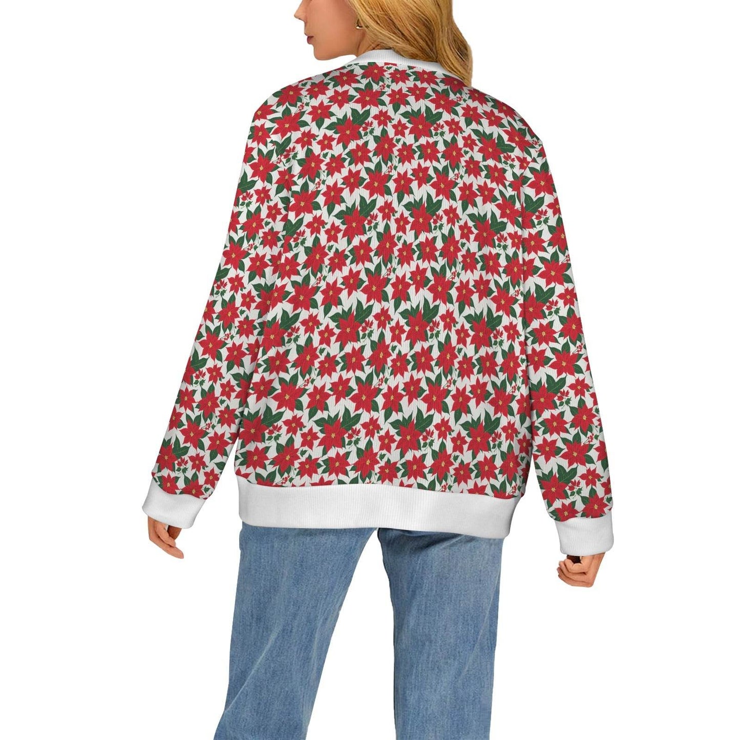 Poinsettia Floral Women's Cardigan Button Sweater Custom Women's Cardigan (Model H73) - DeRose Seasonal