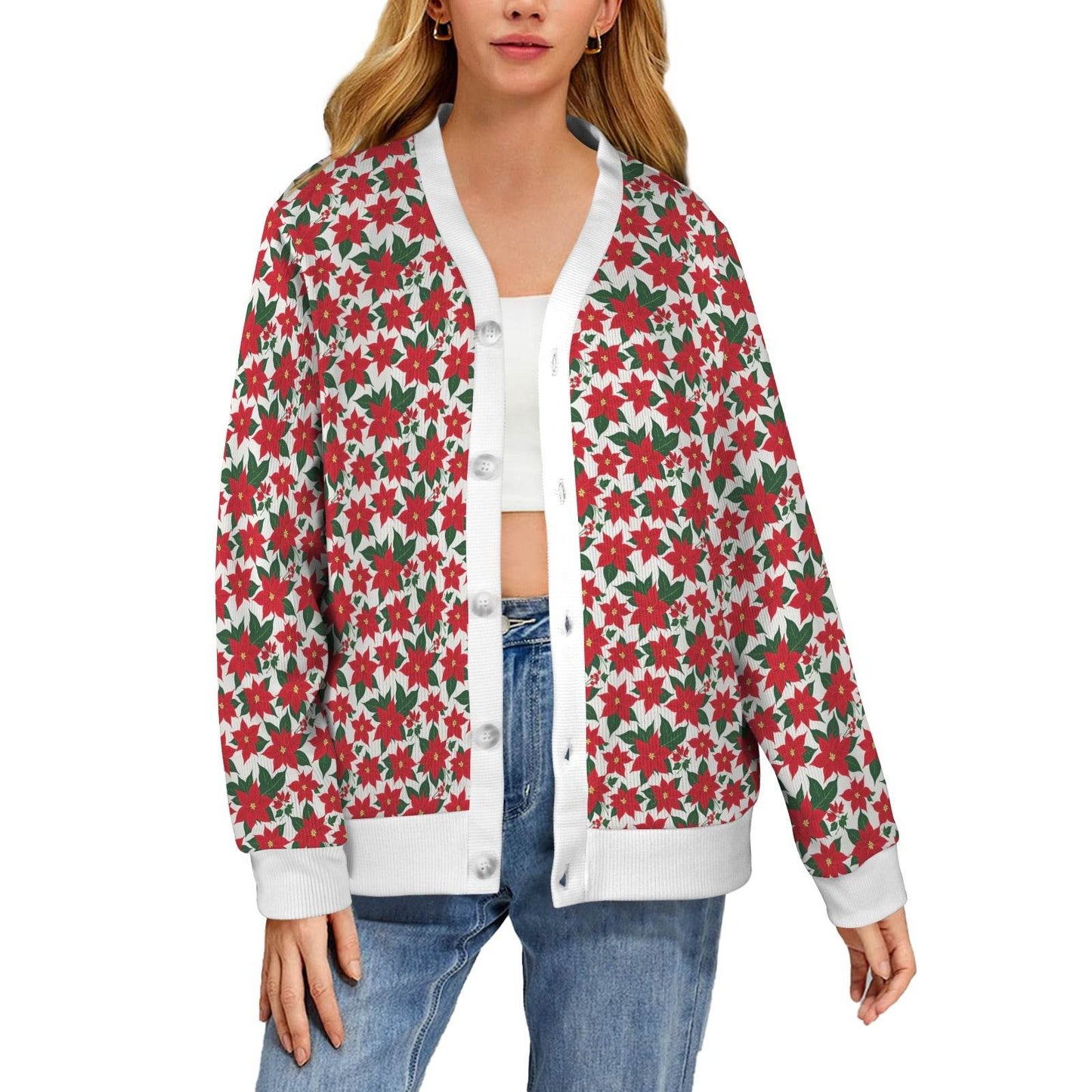 Poinsettia Floral Women's Cardigan Button Sweater Custom Women's Cardigan (Model H73) - DeRose Seasonal