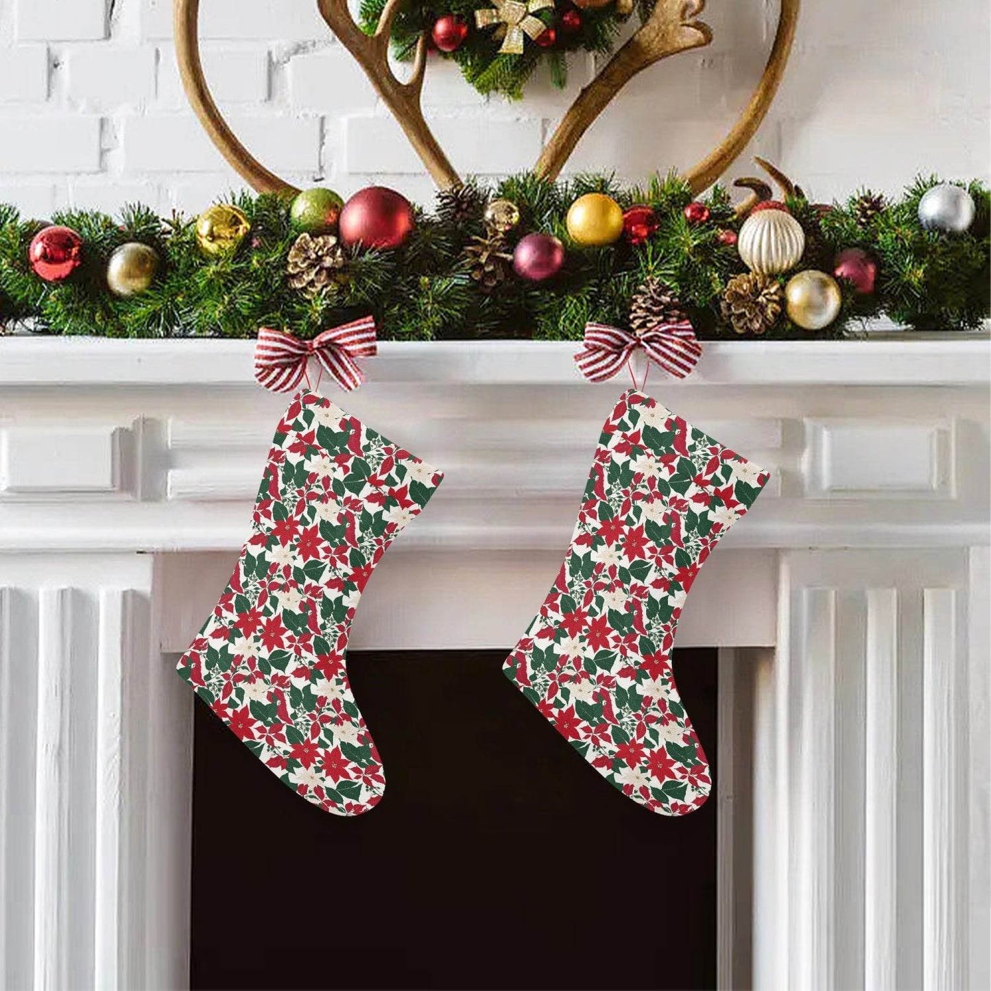 Red and White Poinsettia Christmas Santa Stockings - BUY ONE GET ONE FREE -BOGO - DeRose Seasonal