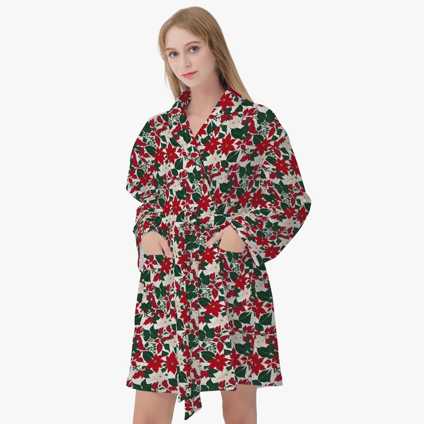Red and White Poinsettia Women's Loose-fitting Bathrobe - DeRose Seasonal
