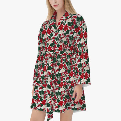 Red and White Poinsettia Women's Loose-fitting Bathrobe - DeRose Seasonal