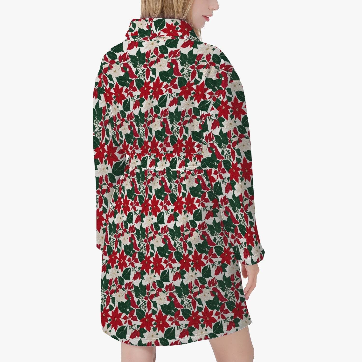Red and White Poinsettia Women's Loose-fitting Bathrobe - DeRose Seasonal
