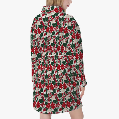 Red and White Poinsettia Women's Loose-fitting Bathrobe - DeRose Seasonal