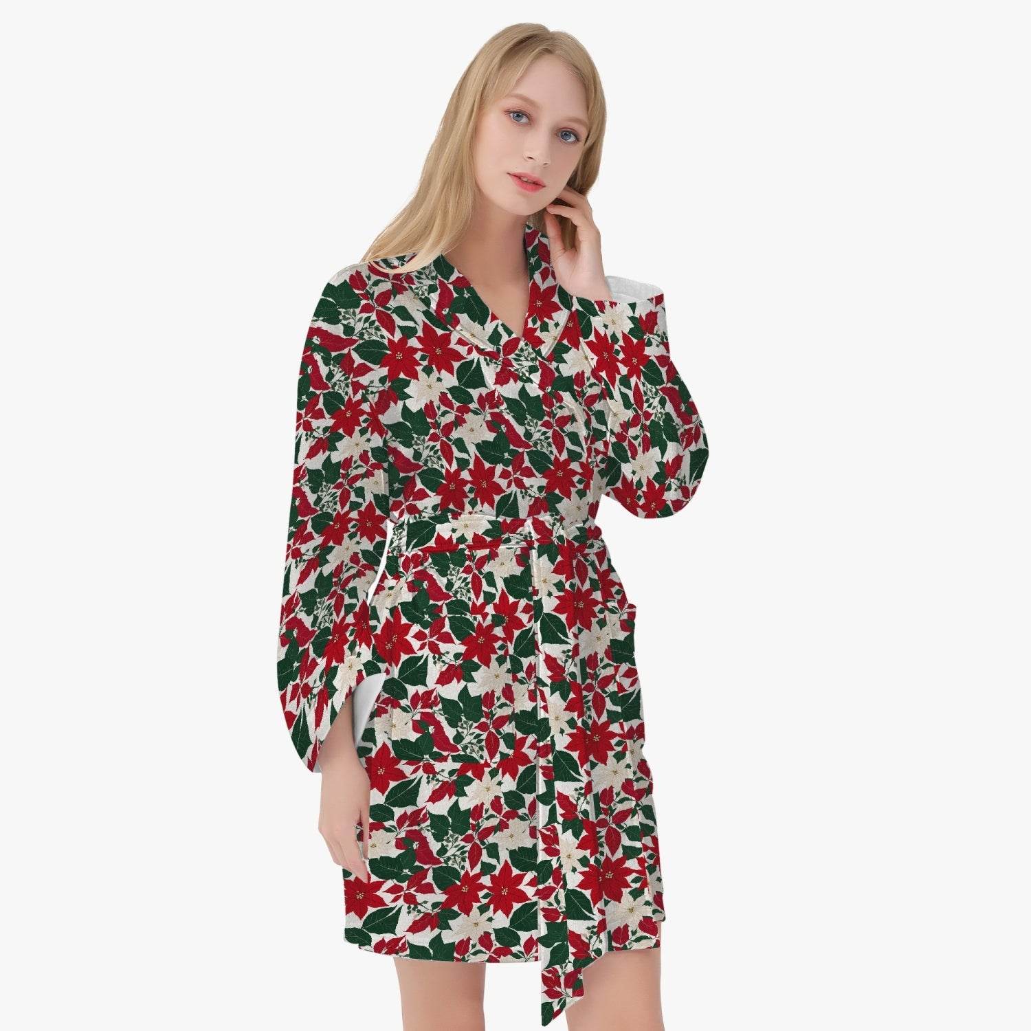 Red and White Poinsettia Women's Loose-fitting Bathrobe - DeRose Seasonal