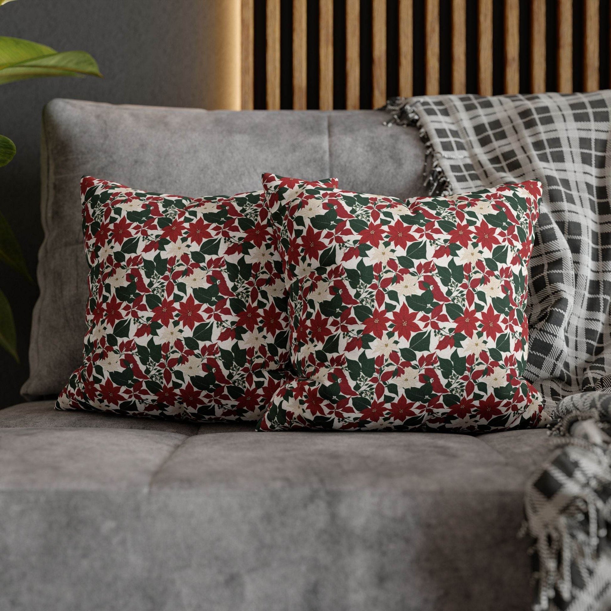Red and White Poinsettia Spun Polyester Square Pillowcase - DeRose Seasonal