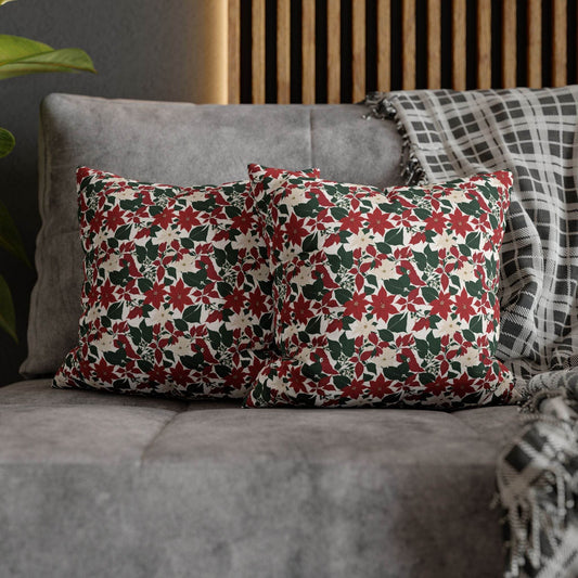Red and White Poinsettia Spun Polyester Square Pillowcase - DeRose Seasonal