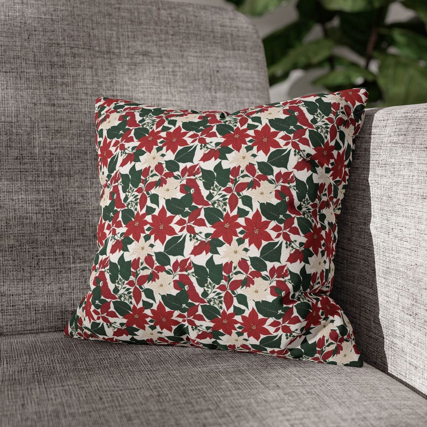 Red and White Poinsettia Spun Polyester Square Pillowcase - DeRose Seasonal