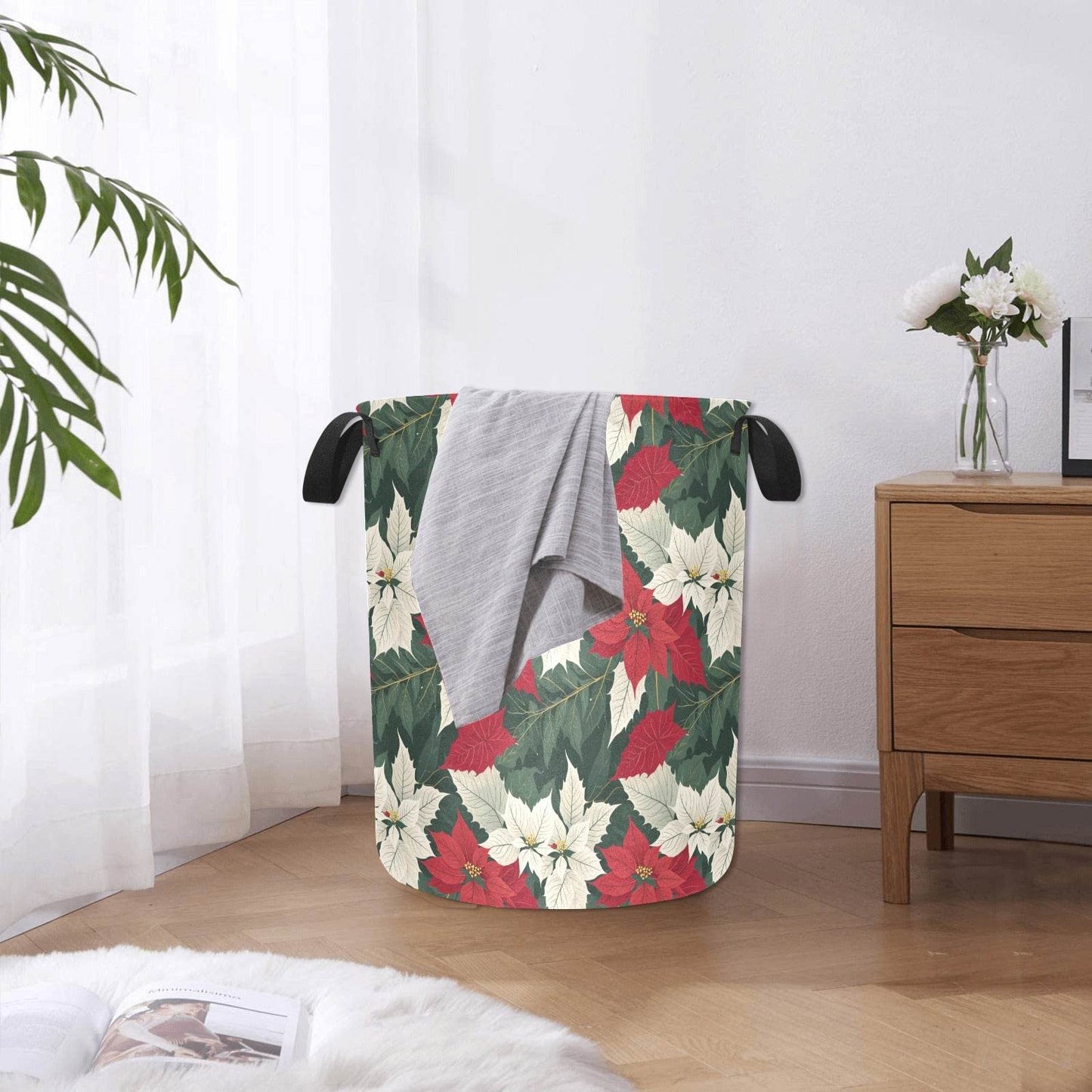 Poinsettia Polyester Laundry and Blanket Basket - DeRose Seasonal
