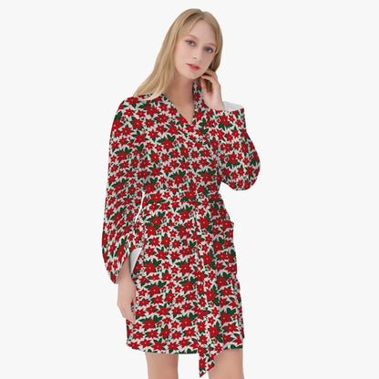 Poinsettia Floral Women's Loose-fitting Bathrobe - DeRose Seasonal
