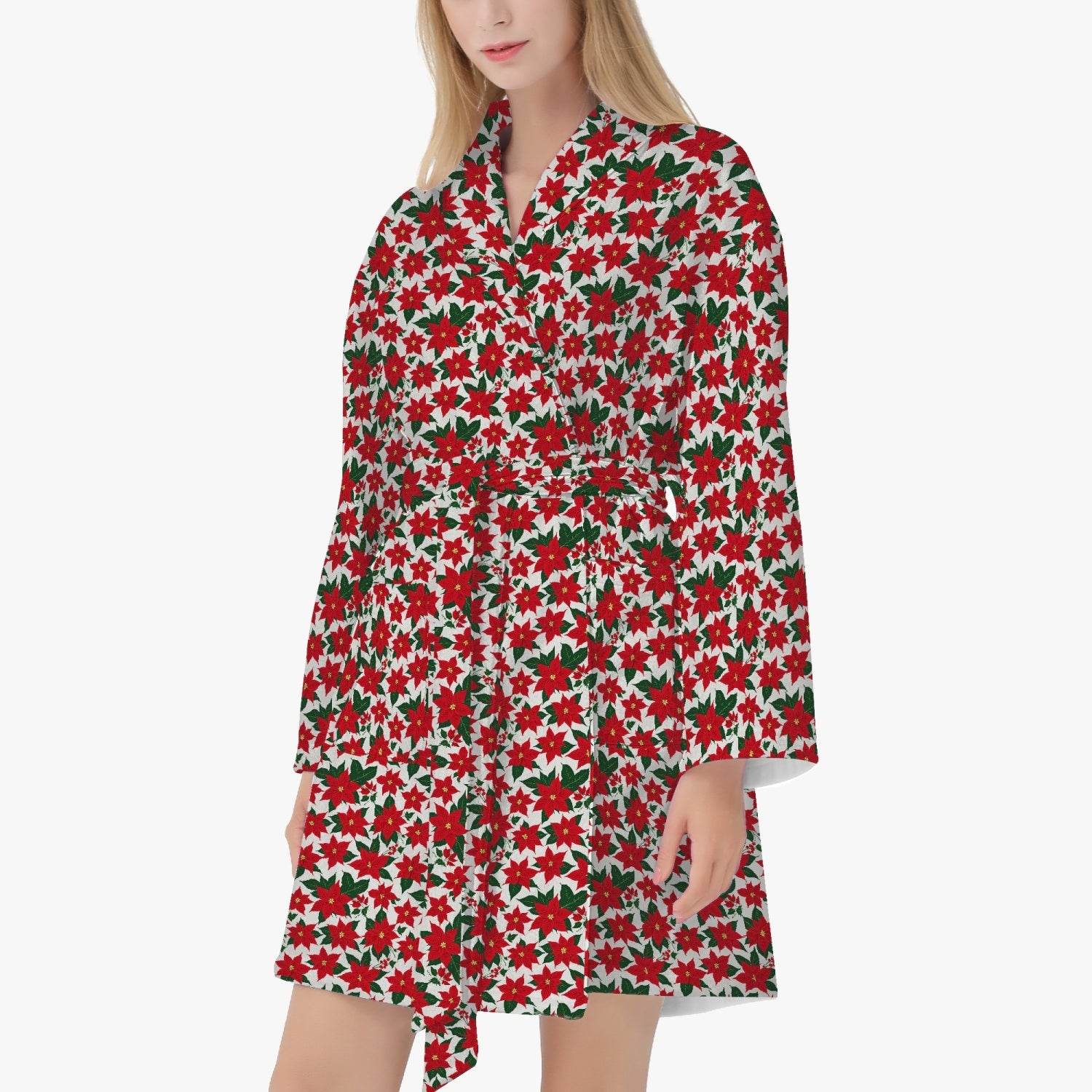 Poinsettia Floral Women's Loose-fitting Bathrobe - DeRose Seasonal