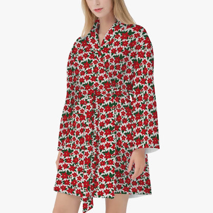 Poinsettia Floral Women's Loose-fitting Bathrobe - DeRose Seasonal