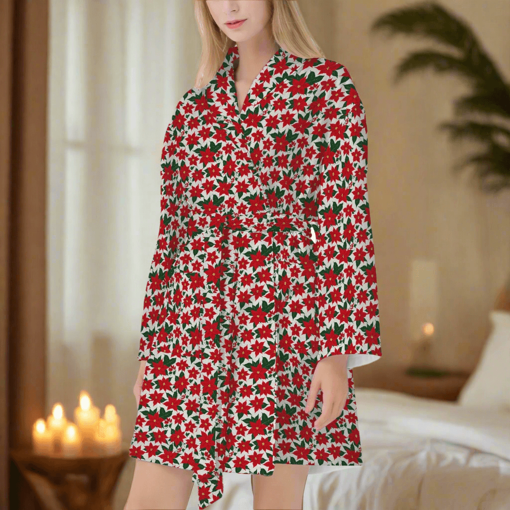 Poinsettia Floral Women's Loose-fitting Bathrobe - DeRose Seasonal