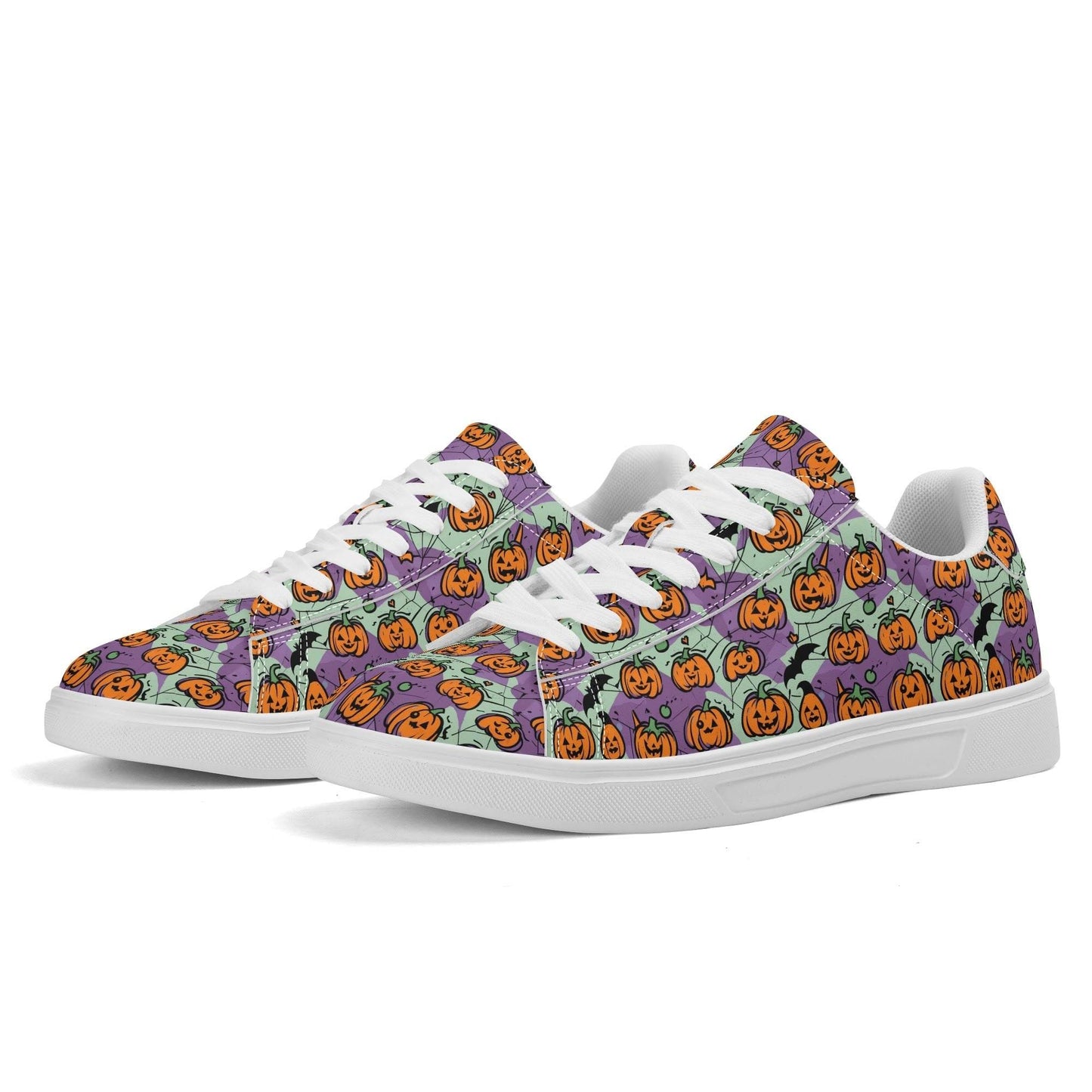 Purple and Green Cute Pumpkins Adult Lightweight Brand Low Top Leather Shoes - DeRose Seasonal