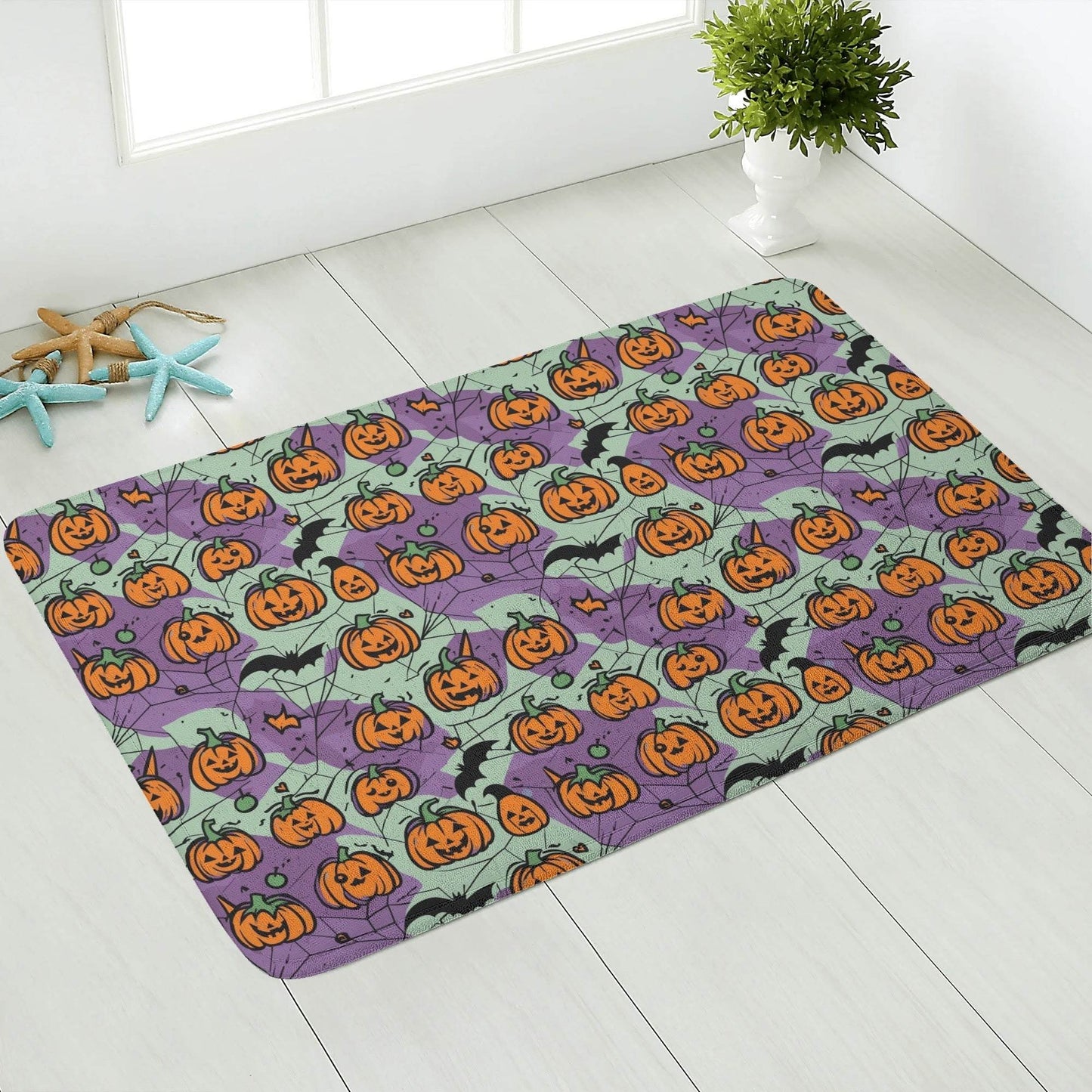 Purple and Green Cute Pumpkins Plush Indoor Doormat - DeRose Seasonal