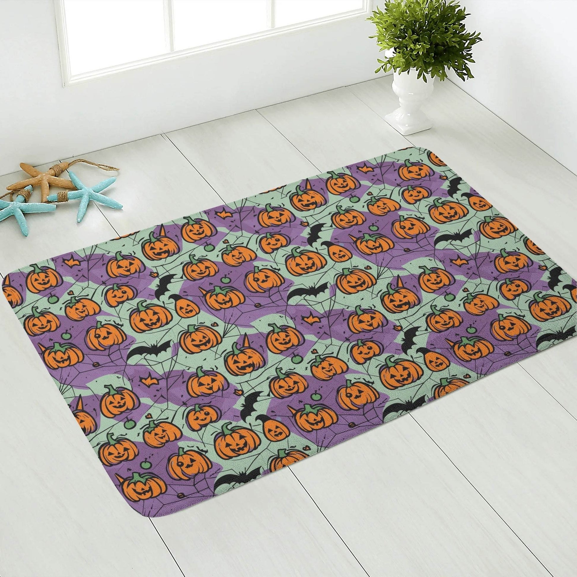 Purple and Green Cute Pumpkins Plush Indoor Doormat - DeRose Seasonal