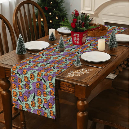 Purple and Green Cute Pumpkins Polyester Table Runner - DeRose Seasonal